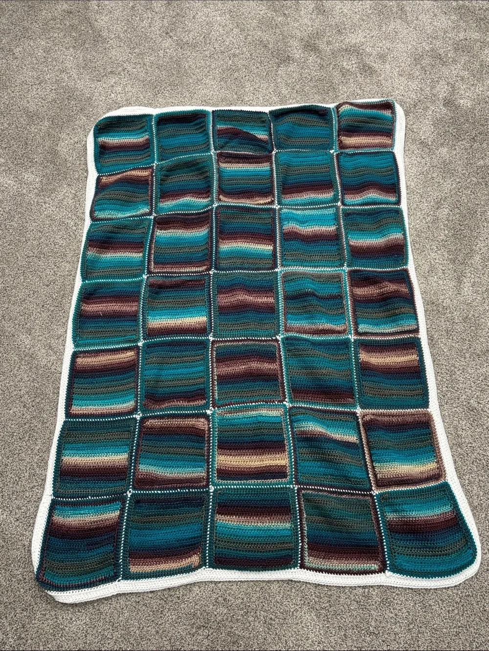 Handmade Crochet Patchwork Throw Blanket in Teal, Purple & Brown